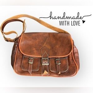 MEDICAL handmade leather saddle bag, brown, buckle closure 11x9